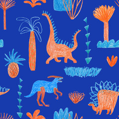 Summer seamless pattern with funny dinosaurs and plants.