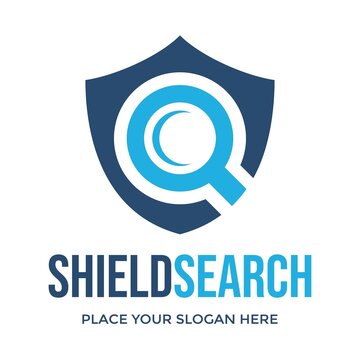Shield search vector logo template. This design use magnifying glass symbol. Suitable for security.