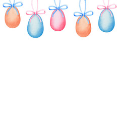 Banner of easter eggs. Watercolor vintage illustration. Isolated on a white background. For design.