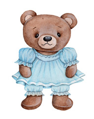 Cute cartoon toy animal - Teddy bear girl in blue, watercolor hand drawn illustration for children, isolated onwhite background. Perfect for any design, prints, book illustrations, cards.