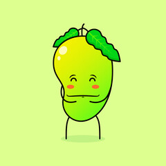 cute mango character with smile and happy expression, close eyes, both hands on stomach and smiling. green and orange. suitable for emoticon, logo, mascot and icon