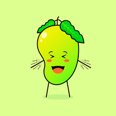 cute mango character with smile and happy expression, close eyes, mouth open and both hands shaking. green and orange. suitable for emoticon, logo, mascot and icon