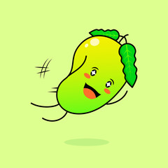 cute mango character with smile and happy expression, jump fly, mouth open and sparkling eyes. green and orange. suitable for emoticon, logo, mascot and icon