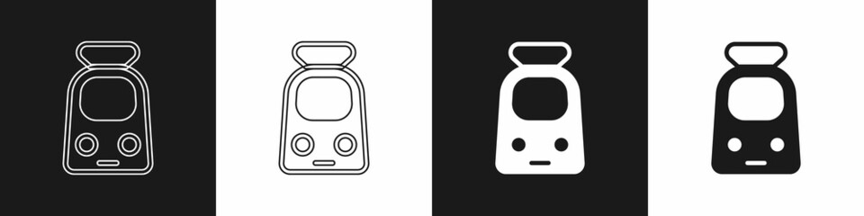 Set Train and railway icon isolated on black and white background. Public transportation symbol. Subway train transport. Metro underground. Vector