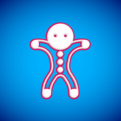 White Holiday gingerbread man cookie icon isolated on blue background. Cookie in shape of man with icing. Vector