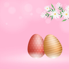 Glossy Easter Eggs And Daisy Branch On Pink Bokeh Blur Background With Copy Space.