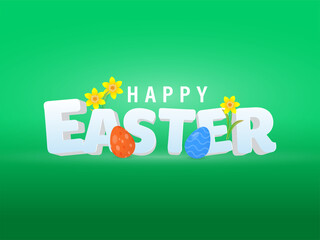 Happy Easter Concept With Printed Eggs And Flowers On Green Background.