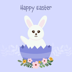 Happy Easter Celebration Poster Design With Cute Bunny Sitting In Broken Egg And Floral On Blue Background.