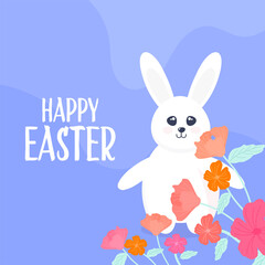 Happy Easter Poster Design With Cute Bunny Character And Floral Decorated On Blue Background.