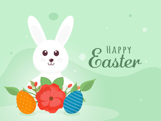 Happy Easter Celebration Concept With Cartoon Bunny, Printed Eggs And Floral On Green Background.