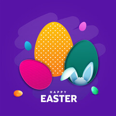 Colorful Paper Cut Eggs With Bunny Ear On Purple Background For Happy Easter Concept.