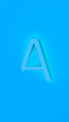 Letter A Is Cyan Blue on Cyan Blue background. Part of letter is immersed in background. Vertical image. 3D image. 3D rendering.