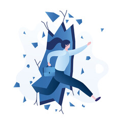 Fast running businesswoman break brick wall. Overcoming obstacles, solving business problems. Skills improvement. Successful employee. Female character in trendy blue colors.