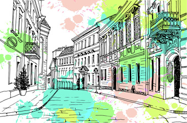Old city street in hand drawn sketch style. Vilnius, Lithuania. Nice European city. Urban landscape. Vector illustration on colorful blobs background. Without people.

 - obrazy, fototapety, plakaty