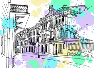 Old city street in hand drawn sketch style. Vilnius, Lithuania. Nice European city. Urban landscape. Vector illustration on colorful blobs background. Without people.

