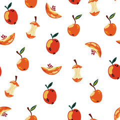 Apple seamless pattern. Fresh Fruits, food, healthy food concept. Half an apple and bones. Good for textile, wrapping, wallpapers. Sweet red ripe apple. Vector illustration.