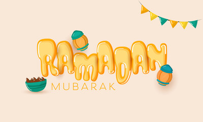 Stylish Ramadan Mubarak Font With Bowl Full Of Dates, Arabic Lanterns And Bunting Flags On Peach Background.