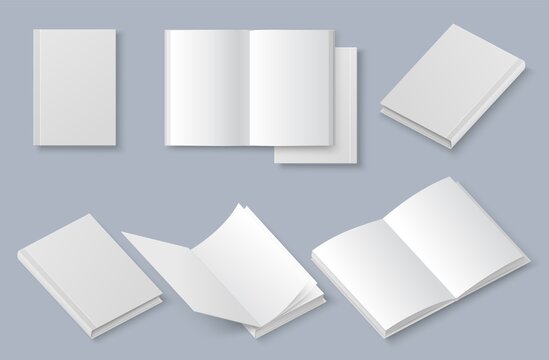 Book mockup set, vector illustration. White blank booklet, brochure, magazine cover. Hardcover, softcover book templates