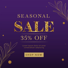 Seasonal Sale Poster Design With 35% Discount Offer, Line Art Leaves And Golden Glitter Dots On Violet Background.