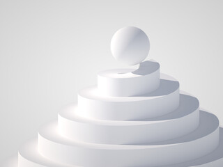 Abstract white installation with a ball on top of helix podium