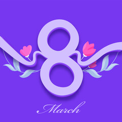 Stylish 8 Number Of March With Floral Decorated On Gradient Violet Background.