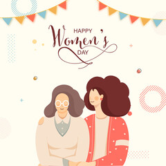 Happy Women's Day Celebration Concept With Young Daughter Embracing Her Mother And Bunting Flags On White Background.
