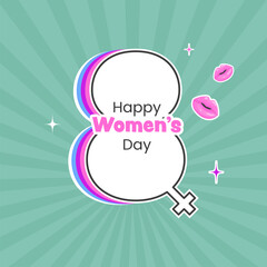 Happy Women's Day Concept With Layered Number Of Eight Shape Female Gender Sign And Female Lips On Teal Rays Background.