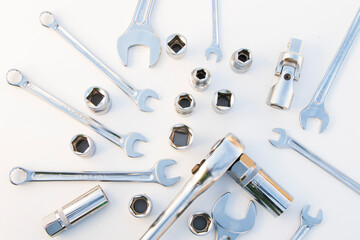 Large group of wrenches, professional kit, different wrenches on the white background