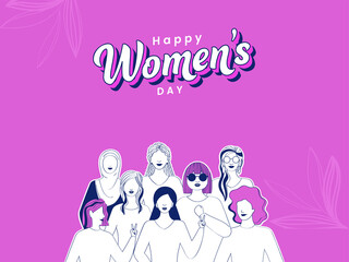 Happy Women's Day Concept With Diverse Young Girls Group On Purple Background.