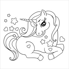 Cute cartoon unicorn. Vector illustration isolated on a white background. Linear drawing, sketch for coloring. - 484329113