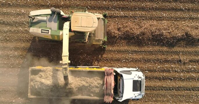 Kibbutz, Israel - 25 November 2021: Aerial view of a tractor and a lorry working in a cotton field, Kibbutz Saar, Mate Asher, Israel.
