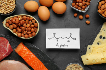 Different fresh products and paper with Arginine chemical formula on black table, flat lay. Sources...