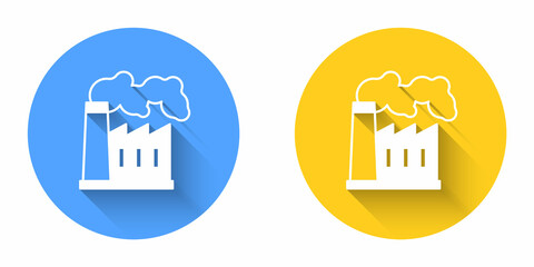 White Oil and gas industrial factory building icon isolated with long shadow background. Circle button. Vector