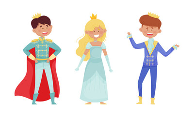 Happy little prince and princess set. Adorable happy kids dressed carnival costumes cartoon vector illustration - obrazy, fototapety, plakaty