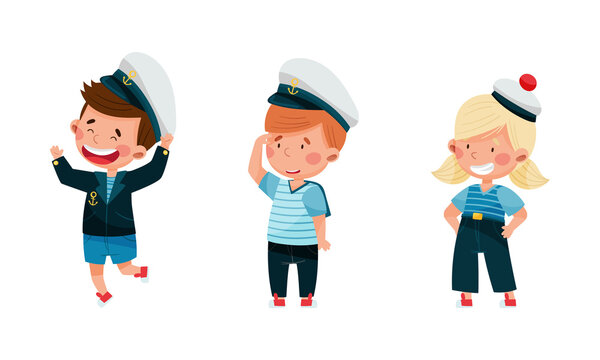 Kid sailors set. Happy adorable little boys and girl in sailor costumes cartoon vector illustration