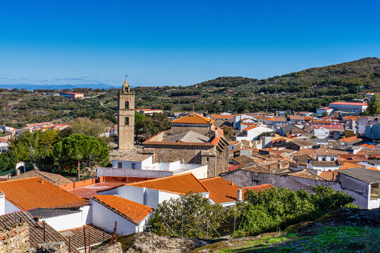 Montanchez with the church of St Matthew, San Mateo in Extremadura. Spain.