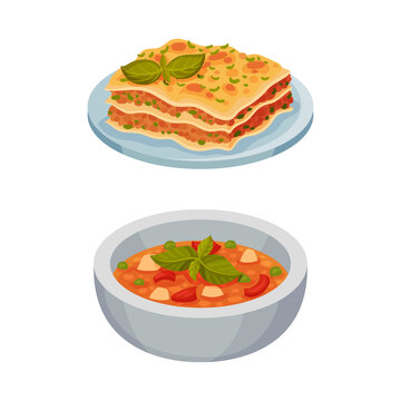 Italian food traditional dishes set. Lasagna and minestrone soup served on plates vector illustration