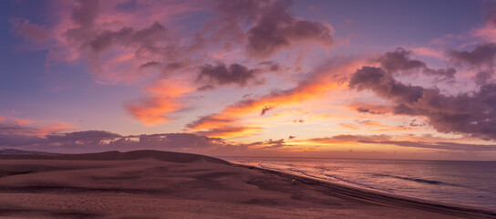 Landscape with Maspalomas sand dunes at sunrise, Gran Canaria, Canary Islands, Spain