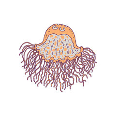 Jellyfish yellow. Vector wild ocean animal underwater life doodle line isolated illustration.