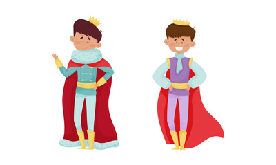  ute little prince and king set. Happy boys dressed carnival costumes cartoon vector illustration