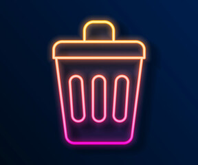 Glowing neon line Trash can icon isolated on black background. Garbage bin sign. Recycle basket icon. Office trash icon. Vector