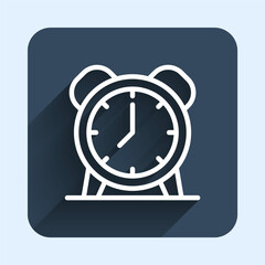 White line Alarm clock icon isolated with long shadow background. Wake up, get up concept. Time sign. Blue square button. Vector