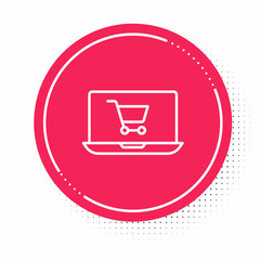 White line Shopping cart on screen laptop icon isolated on white background. Concept e-commerce, e-business, online business marketing. Red circle button. Vector