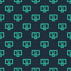 Green line Shopping cart on monitor icon isolated seamless pattern on blue background. Concept e-commerce, e-business, online business marketing. Vector