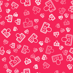 White line Food ordering on mobile icon isolated seamless pattern on red background. Order by mobile phone. Restaurant food delivery concept. Vector