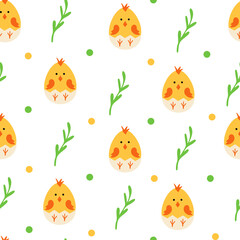 Chick seamless pattern, Easter pattern with chick and egg shells,. Vector Illustration for printing, backgrounds, covers, packaging, greeting cards, posters, stickers, textile and seasonal design.