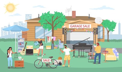 Fototapeta na wymiar Garage sale of used home furniture, clothes, piano, guitar, books, dishes, sport items. Yard sale, flea market, vector.