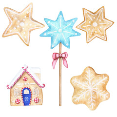 Set of watercolor cookies isolated on white background. New Year's Christmas gingerbread in the form of stars and a house.