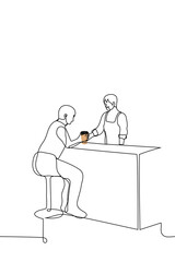 barista serving glass of coffee to customer - one line drawing vector. concept of buying coffee in coffeeshop, coffee house