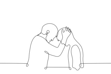 two stand touching each other's foreheads - one line drawing vector. concept of close relationships, kinship, love affairs, love, friendship, care and patronage